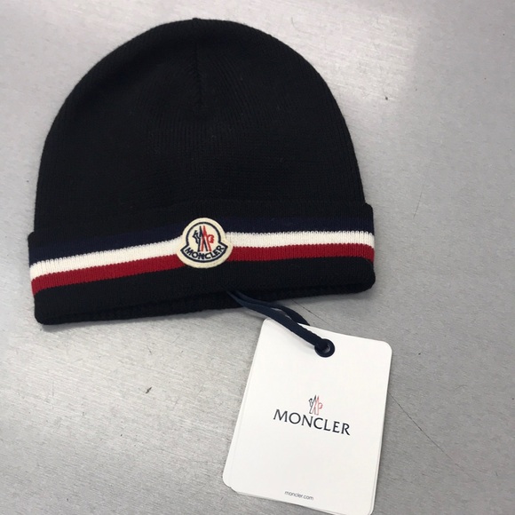 Moncler Black Beanie with Red and White Stripe - Picture 1 of 8